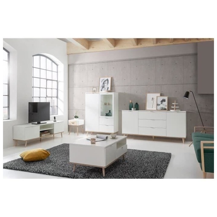 Meuble TV scandinave GÖTEBORG - Blanc - 2 Portes - L 160 x P 40 x H 5