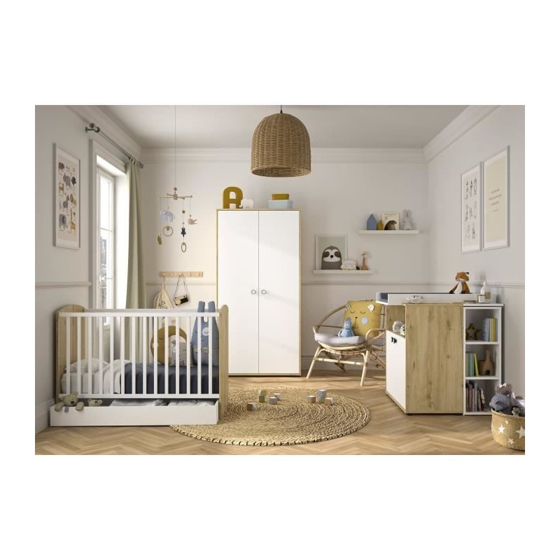 Chambre bébé Trio : Armoi e + Lit + Commode a langer ARTHUR - Décor chene blond - 60 x 120 cm - GALIPETTE