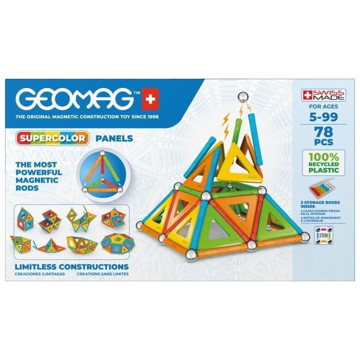 GEOMAG CLASSIC, PANELS SUPERCOLOR 78 pcs, construction magnétique, je