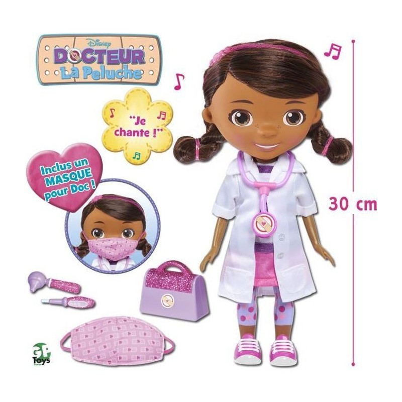 Docteur La Peluche, Poupée 30 cm , Chante Lave-toi Les Mains, avec accessoires dont un masque pour Doc