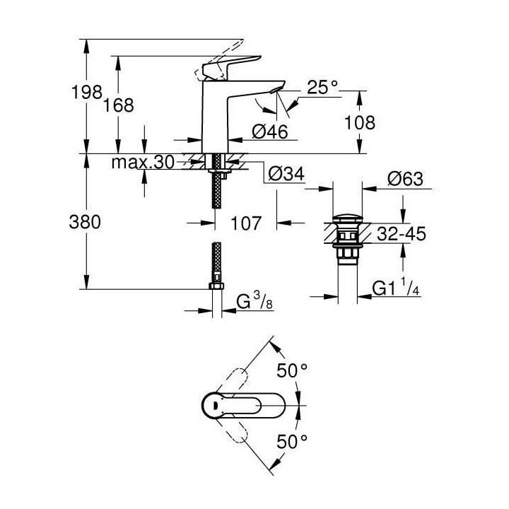 GROHE Robinet de salle de bains lavabo Start Edge, mousseur économie