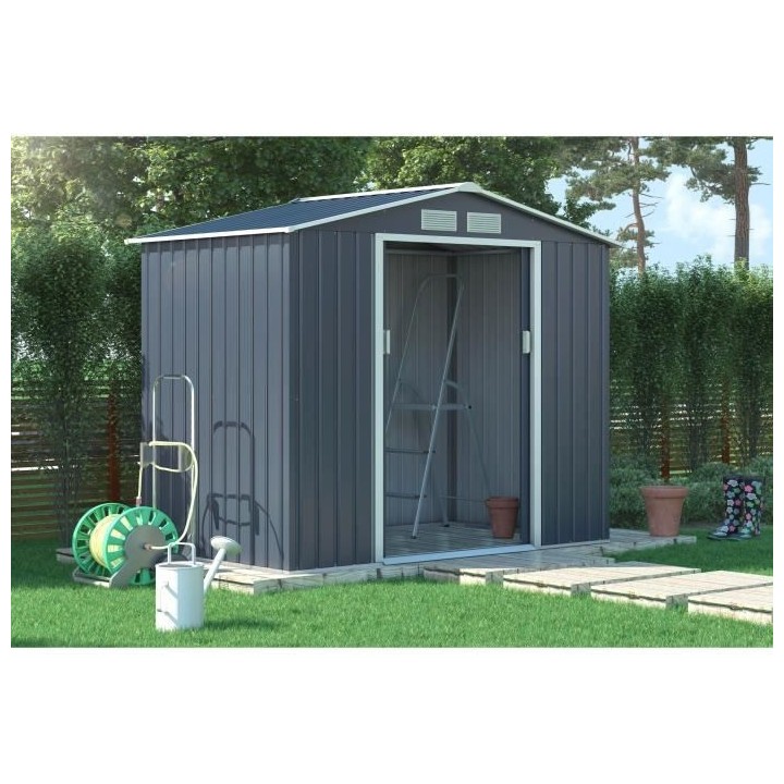 Abri de jardin en métal 2,7 m2 - Kit d'ancrage inclus - Gris anthraci