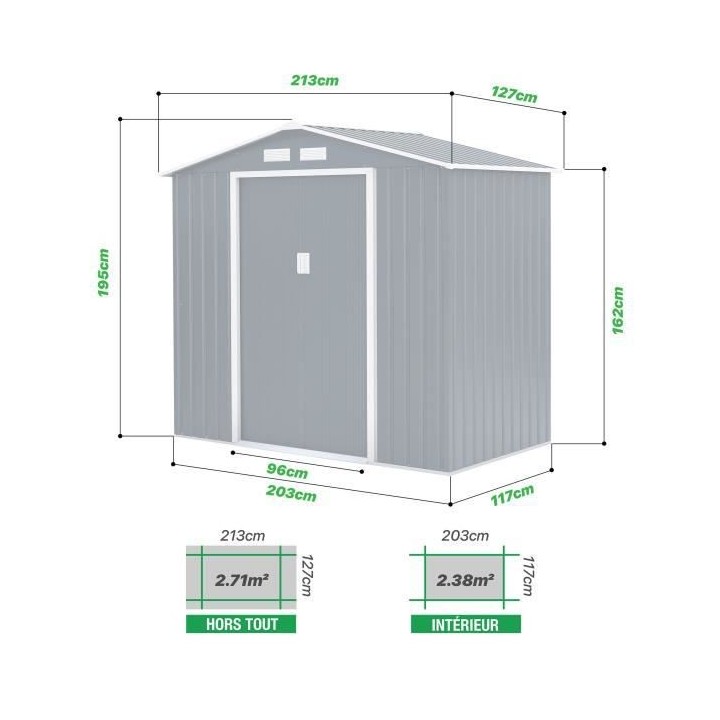 Abri de jardin en métal 2,7 m2 - Kit d'ancrage inclus - Gris anthraci