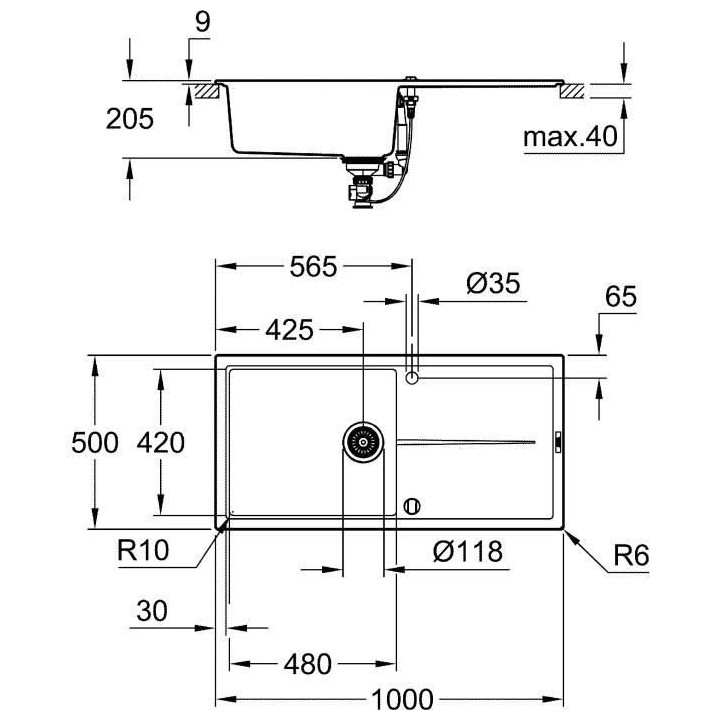 GROHE Evier composite avec égouttoir K400 1000 x 500 mm Gris granite