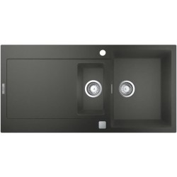 GROHE Evier de cuisine composite avec égouttoir K500, 1000 x 500 mm, 2 bacs, vidage pratique, siphon et bonde inclus, noir, 316