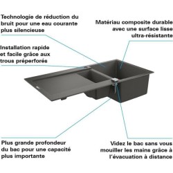 GROHE Evier de cuisine composite avec égouttoir K500, 1000 x 500 mm, 2 bacs, vidage pratique, siphon et bonde inclus, noir, 316