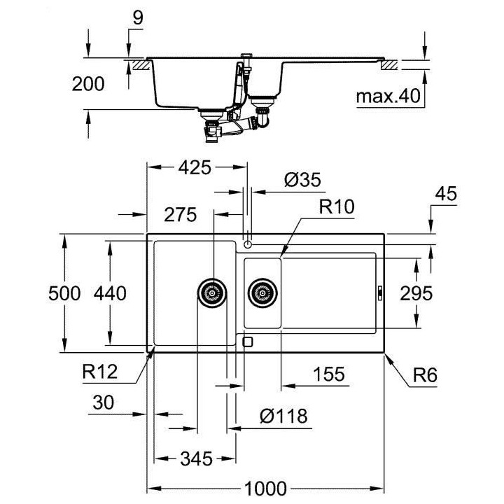 GROHE Evier de cuisine composite avec égouttoir K500, 1000 x 500 mm,