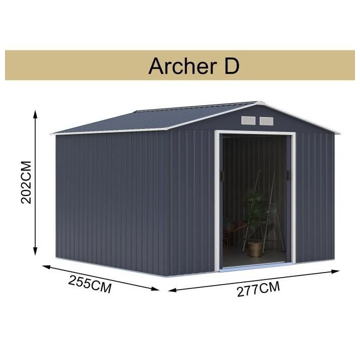 Abri de jardin en métal 7,06 m2 - Kit d'ancrage inclus - Gris