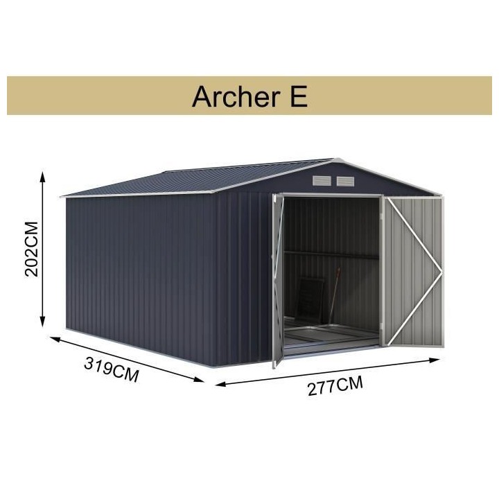 Abri de jardin en métal 8,84 m2 - Kit d'ancrage inclus - Gris anthrac