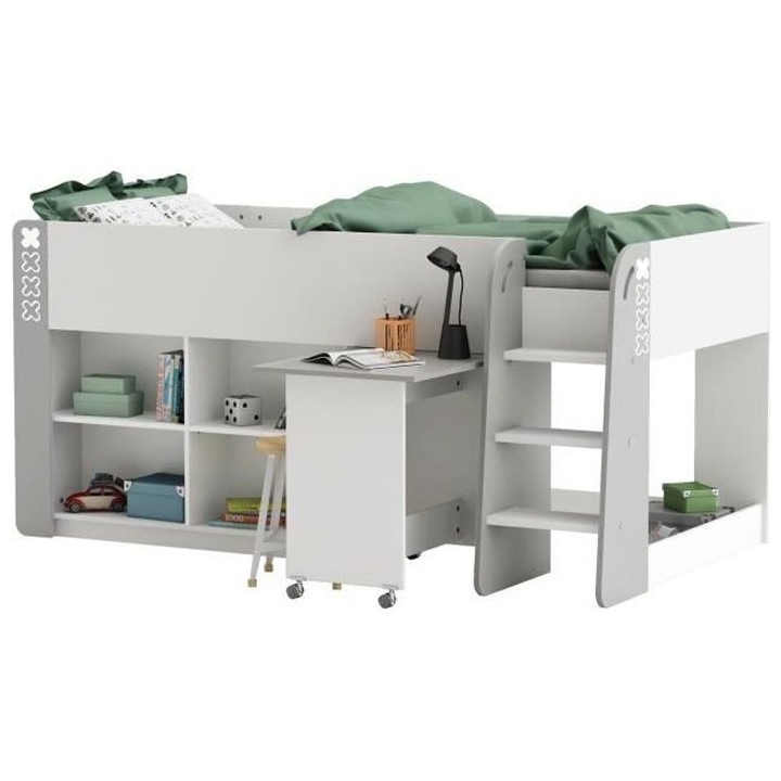 DEMEYERE Lit combiné enfant - Mdf - Blanc/Gris - 90x200 cm - HAMPTON