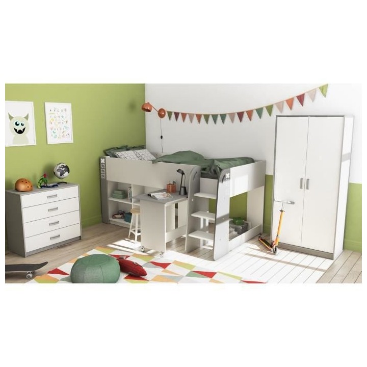 DEMEYERE Lit combiné enfant - Mdf - Blanc/Gris - 90x200 cm - HAMPTON