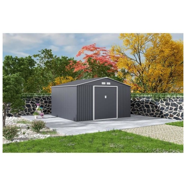 Abri de jardin en métal 10,78 m2 - Kit d'ancrage inclus - Gris anthra