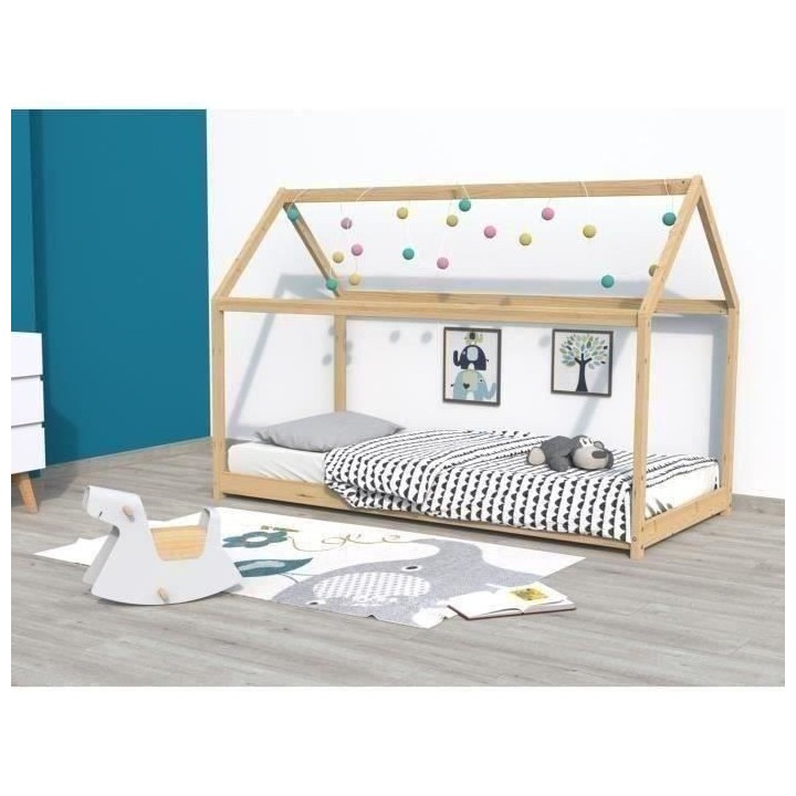 WEBER Panda Lit enfant cabane Montessori 90 x 190 cm - Bois pin massif