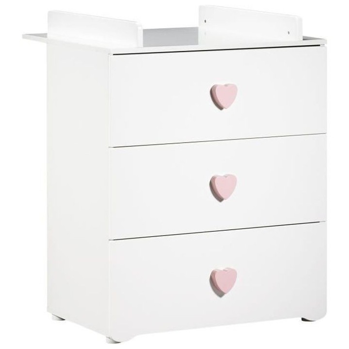 BABY PRICE New Basic Commode a langer 3 tiroirs - Boutons Coeur Rose