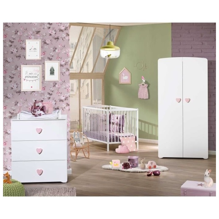 BABY PRICE New Basic Commode a langer 3 tiroirs - Boutons Coeur Rose