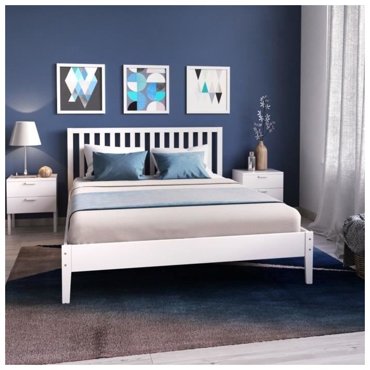 WEBER Lit adulte contemporain en bois épicéa massif blanc laqué - l