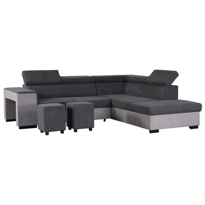 Canapé d'angle droit convertible + coffre 5 places - Tissu gris - L 2