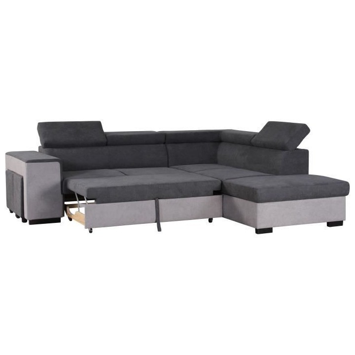 Canapé d'angle droit convertible + coffre 5 places - Tissu gris - L 2