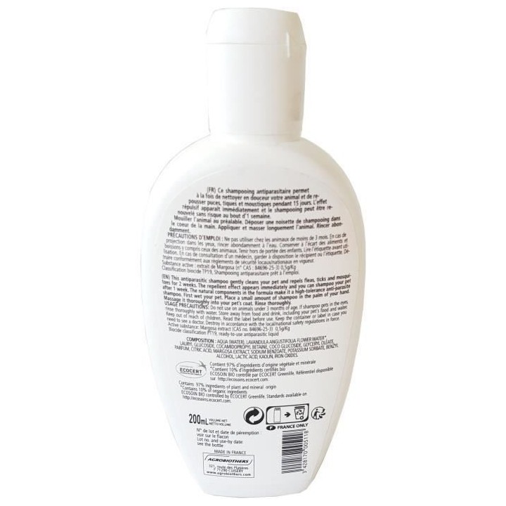 VETOCANIS Shampoing anti-puces et anti-tiques Bio - 200 ml - Contrôl