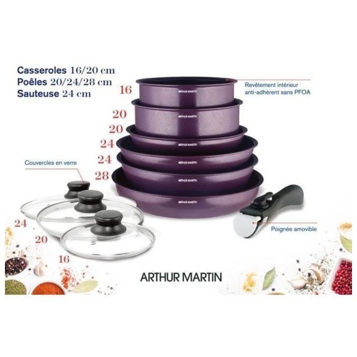 Batterie de cuisine 10 pieces Arthur Martin - Aluminium - revetement a