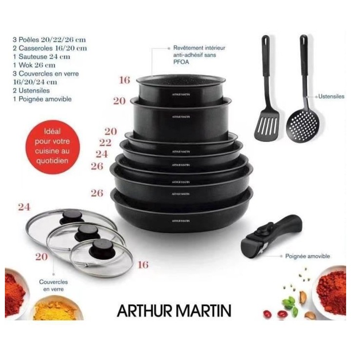 Batterie de cuisine 13 pieces Arthur Martin - aluminium - poignée amo