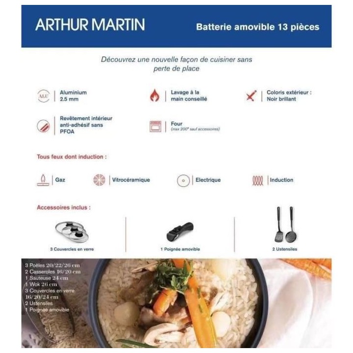 Batterie de cuisine 13 pieces Arthur Martin - aluminium - poignée amo