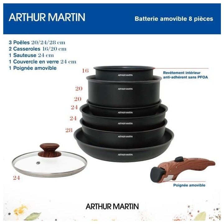 Batterie de cuisine 8 pieces ARTHUR MARTIN - Aluminium - Poignée Bois