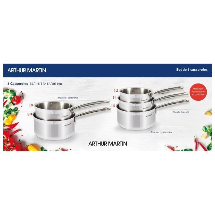 Lot de 5 Casseroles Arthur Martin 12-14-16-18-20 cm - Acier Inoxydable