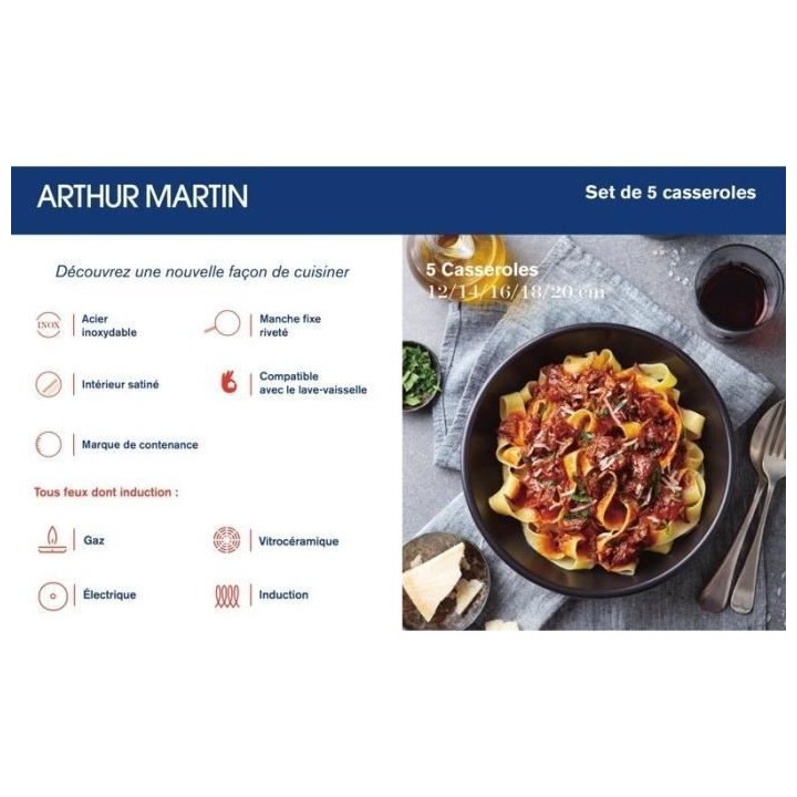 Lot de 5 Casseroles Arthur Martin 12-14-16-18-20 cm - Acier Inoxydable