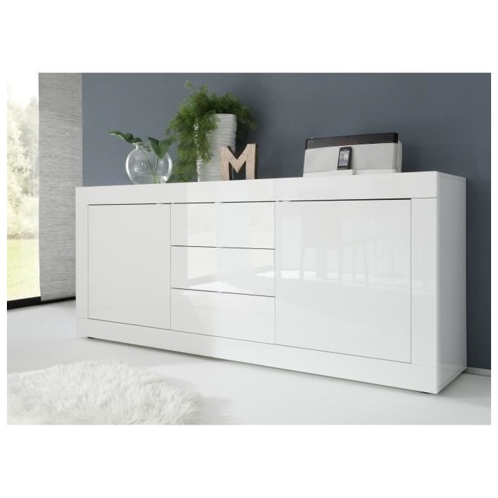 Buffet BASICO 2 Portes 3 Tiroirs Blanc Laqué brillant - L210xP42xH85,
