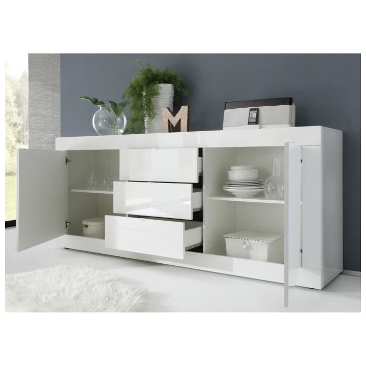 Buffet BASICO 2 Portes 3 Tiroirs Blanc Laqué brillant - L210xP42xH85,