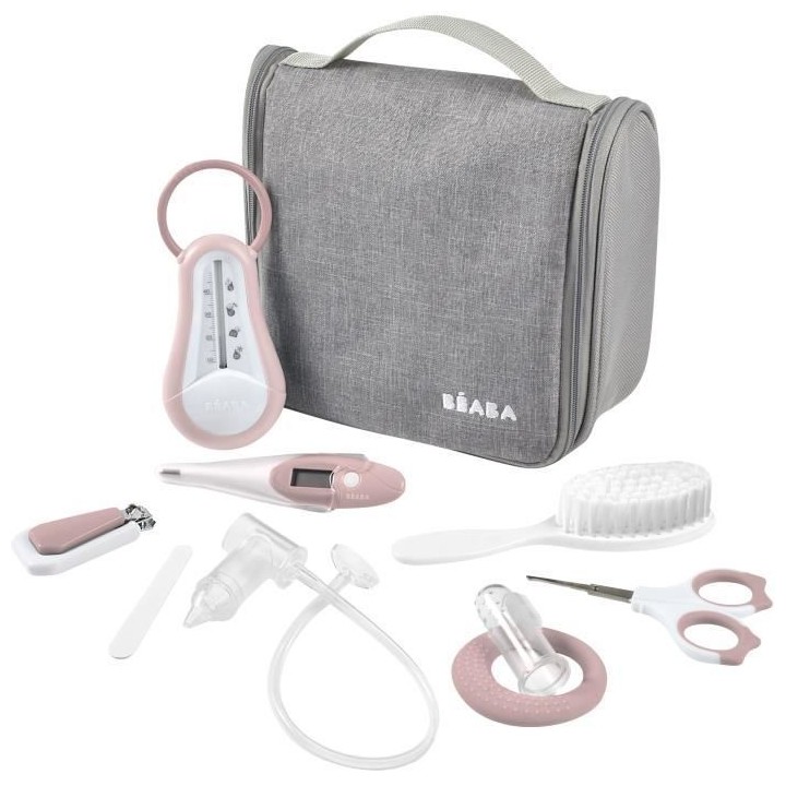 BÉABA Trousse de toilette nomade bébé, 9 accessoires, Old pink