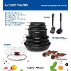 Arthur Martin AM1502 Batterie de cuisine 15 pieces - poignée amovible effet bois - tous feux dont induction