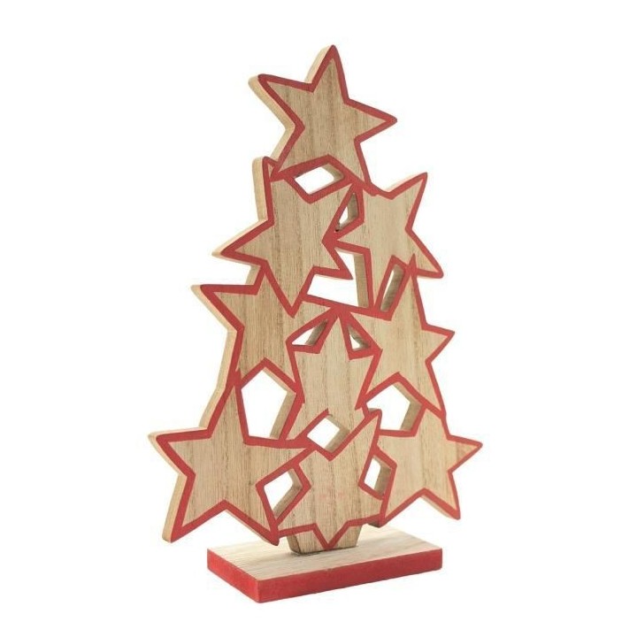BLACHERE Sapin Etoiles en bois a poser - H 23 cm - Bois naturel et rou