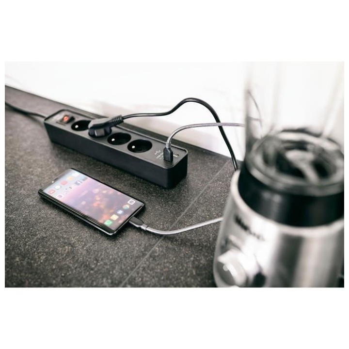 Brennenstuhl Multiprise ECOLOR Noire, 4 prises + 2 prises USB, avec 1,
