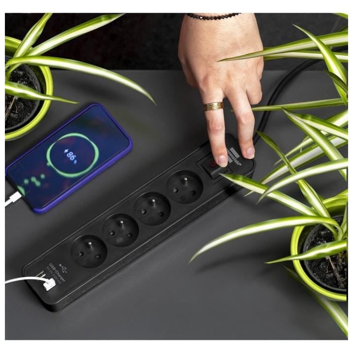 Brennenstuhl Multiprise ECOLOR Noire, 4 prises + 2 prises USB, avec 1,