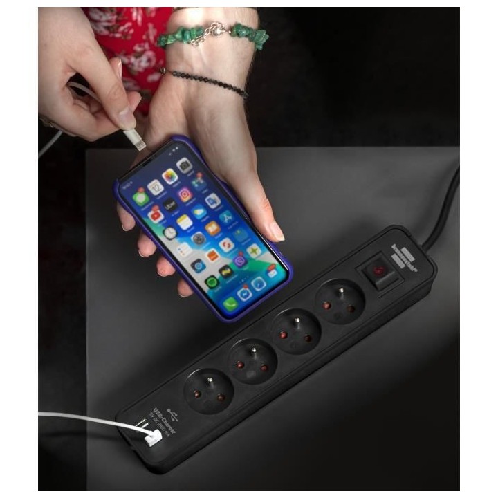 Brennenstuhl Multiprise ECOLOR Noire, 4 prises + 2 prises USB, avec 1,