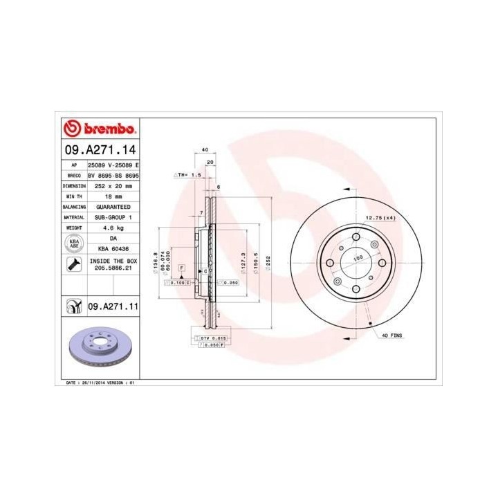 BREMBO Kit de Disque de frein 09.A271.14 - 2 pieces