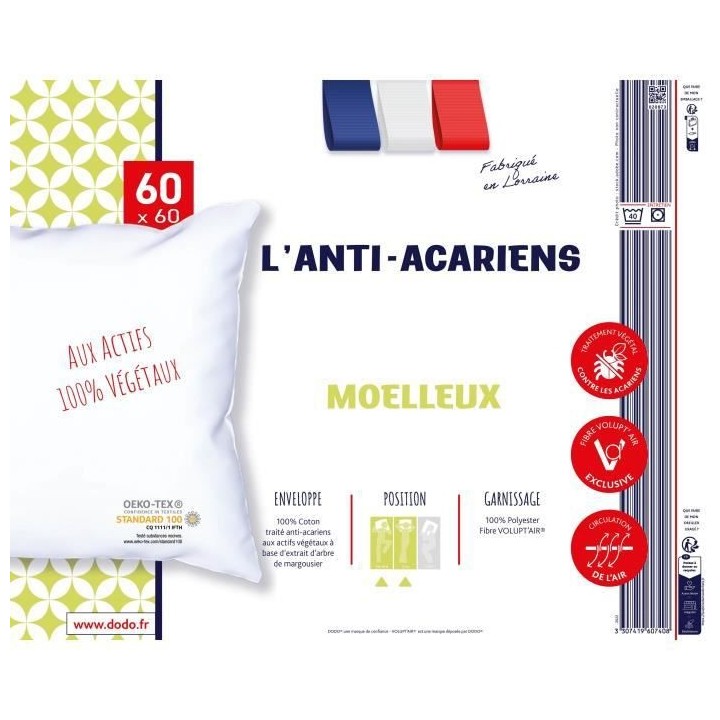 Oreiller - L'ANTI-ACARIENS - Aux actifs 100% végétaux - 60 x 60 cm -