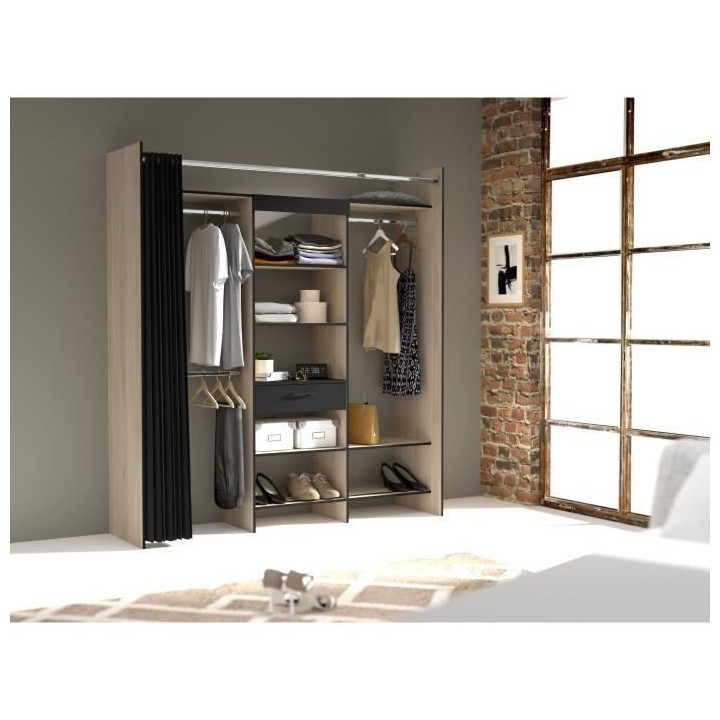Dressing Armoire VICTOR - 6 étageres + 1 tiroir + penderie + rideau -