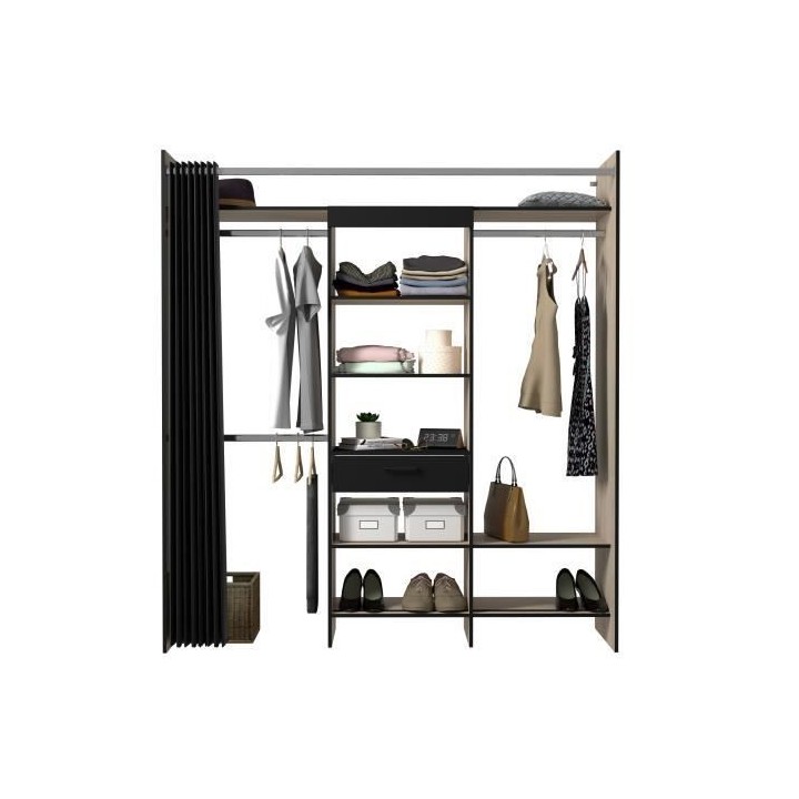 Dressing Armoire VICTOR - 6 étageres + 1 tiroir + penderie + rideau -