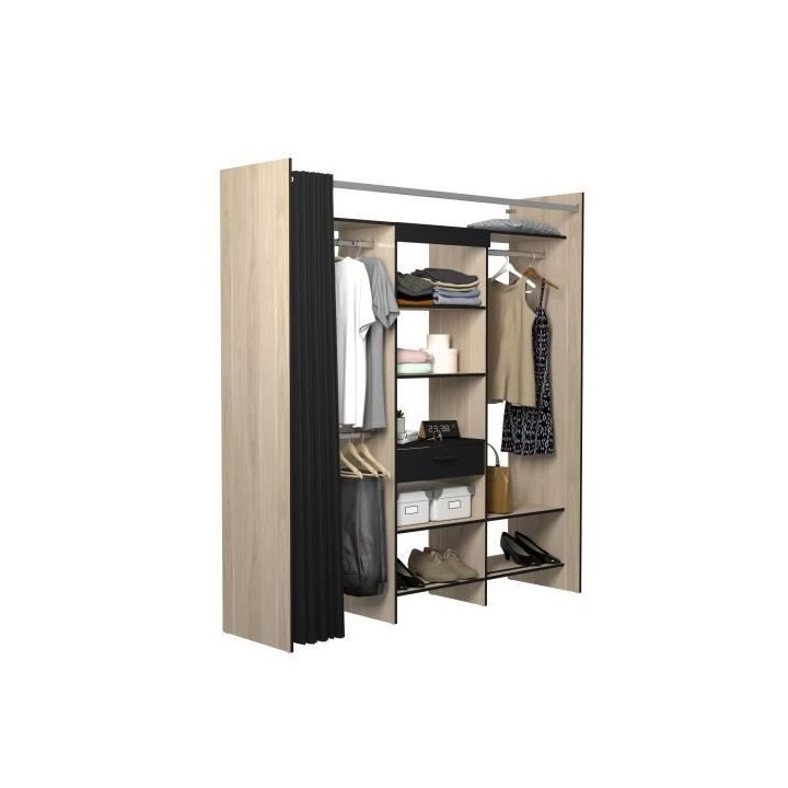 Dressing Armoire VICTOR - 6 étageres + 1 tiroir + penderie + rideau -