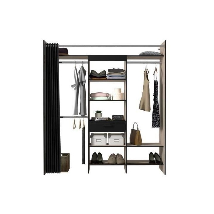 Dressing Armoire VICTOR - 6 étageres + 1 tiroir + penderie + rideau -