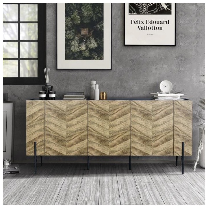 Buffet - Décor noyer et métal noir - 3 portes - HARTLEY - L 160 x P