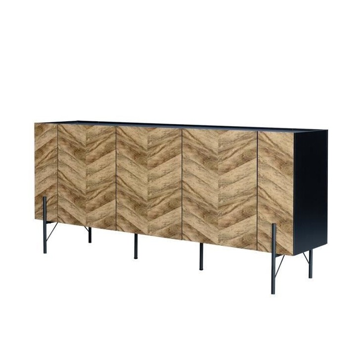 Buffet - Décor noyer et métal noir - 3 portes - HARTLEY - L 160 x P