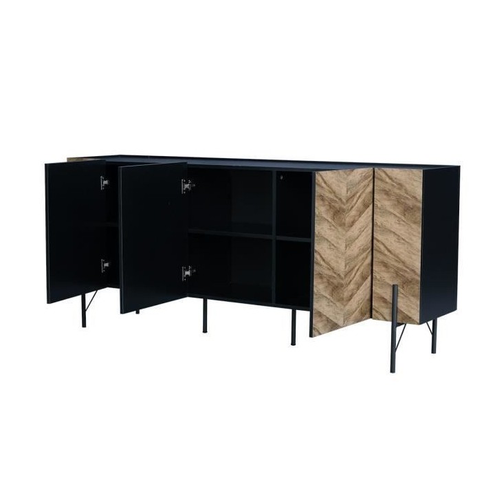 Buffet - Décor noyer et métal noir - 3 portes - HARTLEY - L 160 x P