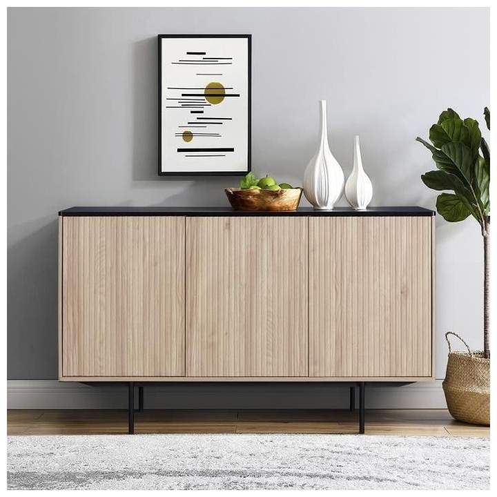 Buffet - Décor bois et noir - 3 portes - MEMPHIS - L 140 x P 39 x H 8