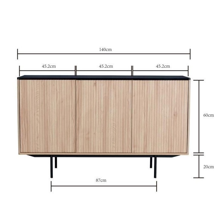 Buffet - Décor bois et noir - 3 portes - MEMPHIS - L 140 x P 39 x H 8