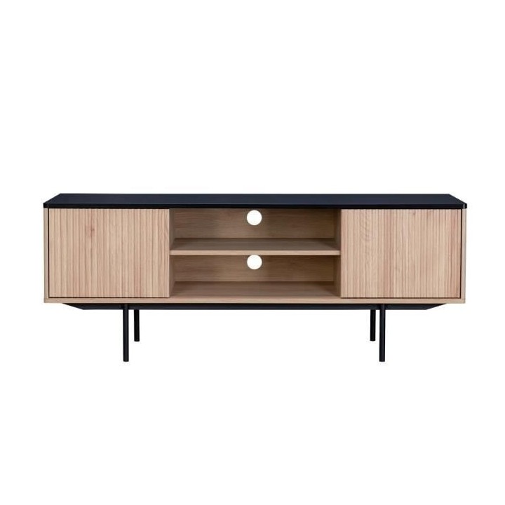 Meuble TV 2 portes - Décor bois et noir - L 140 x P 39 x H 53 - MEMPH