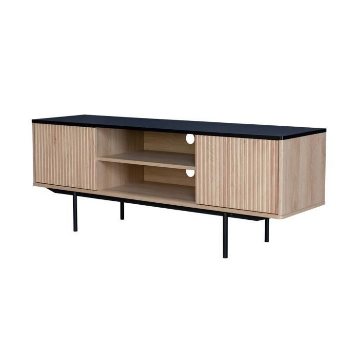 Meuble TV 2 portes - Décor bois et noir - L 140 x P 39 x H 53 - MEMPH